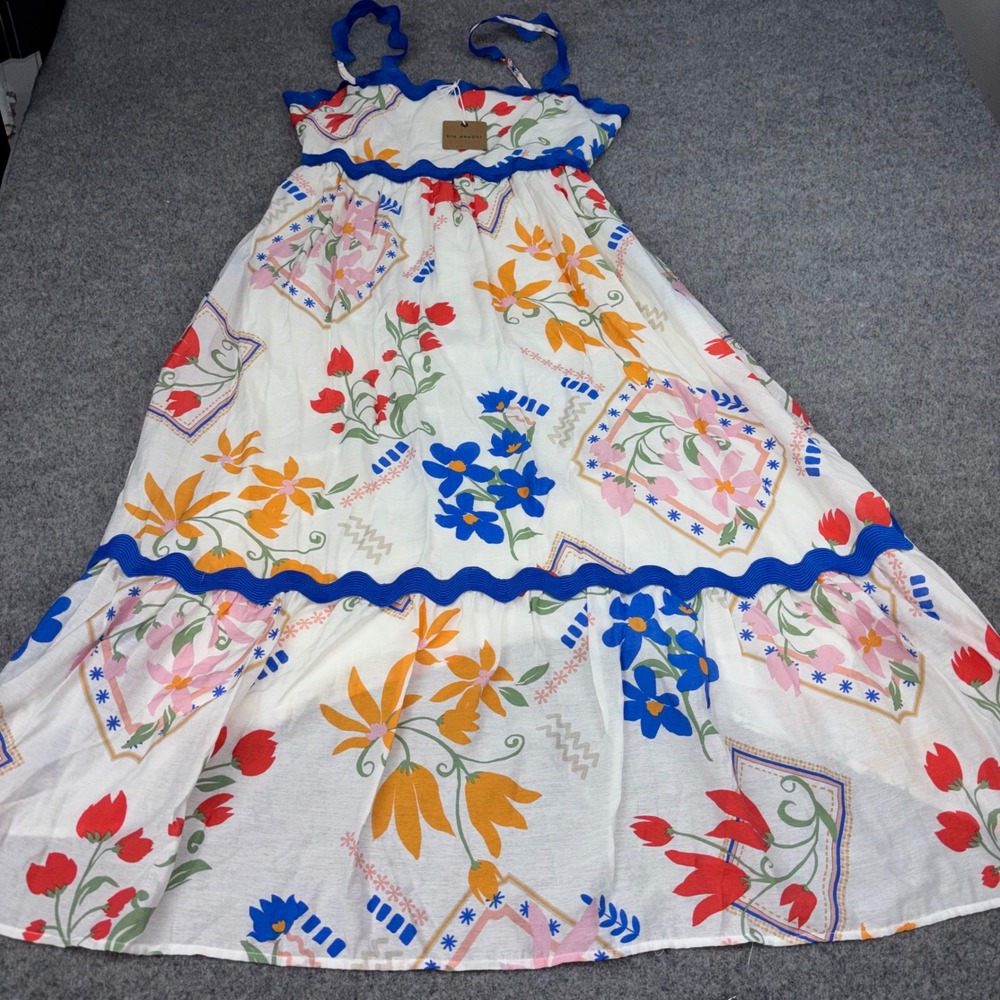Blu Pepper Floral Pattern Midi Dress Womens Large White Blue Ric Rac Trim Summer
